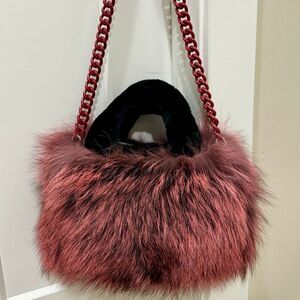 Maroon Handmade Dyed Real Fox Fur Bag With Fur Handle Includes 2 Strap Styles